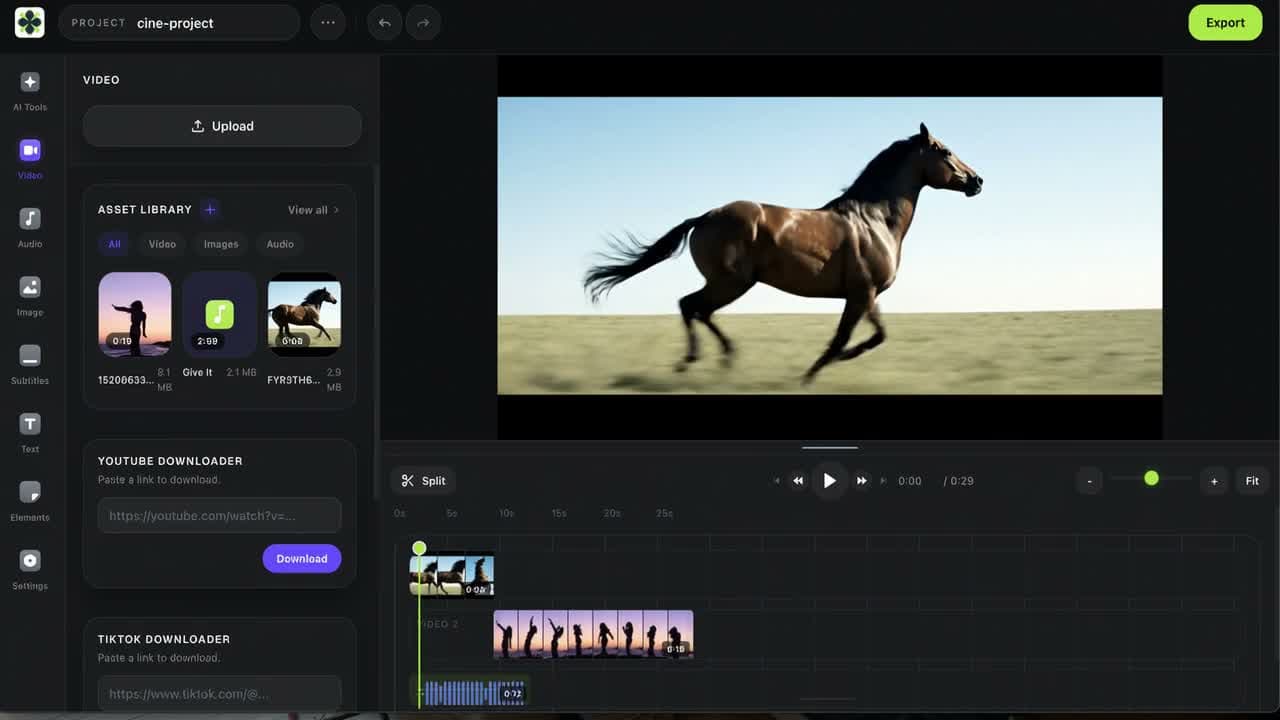 Satura browser video editor with media, preview, and timeline controls