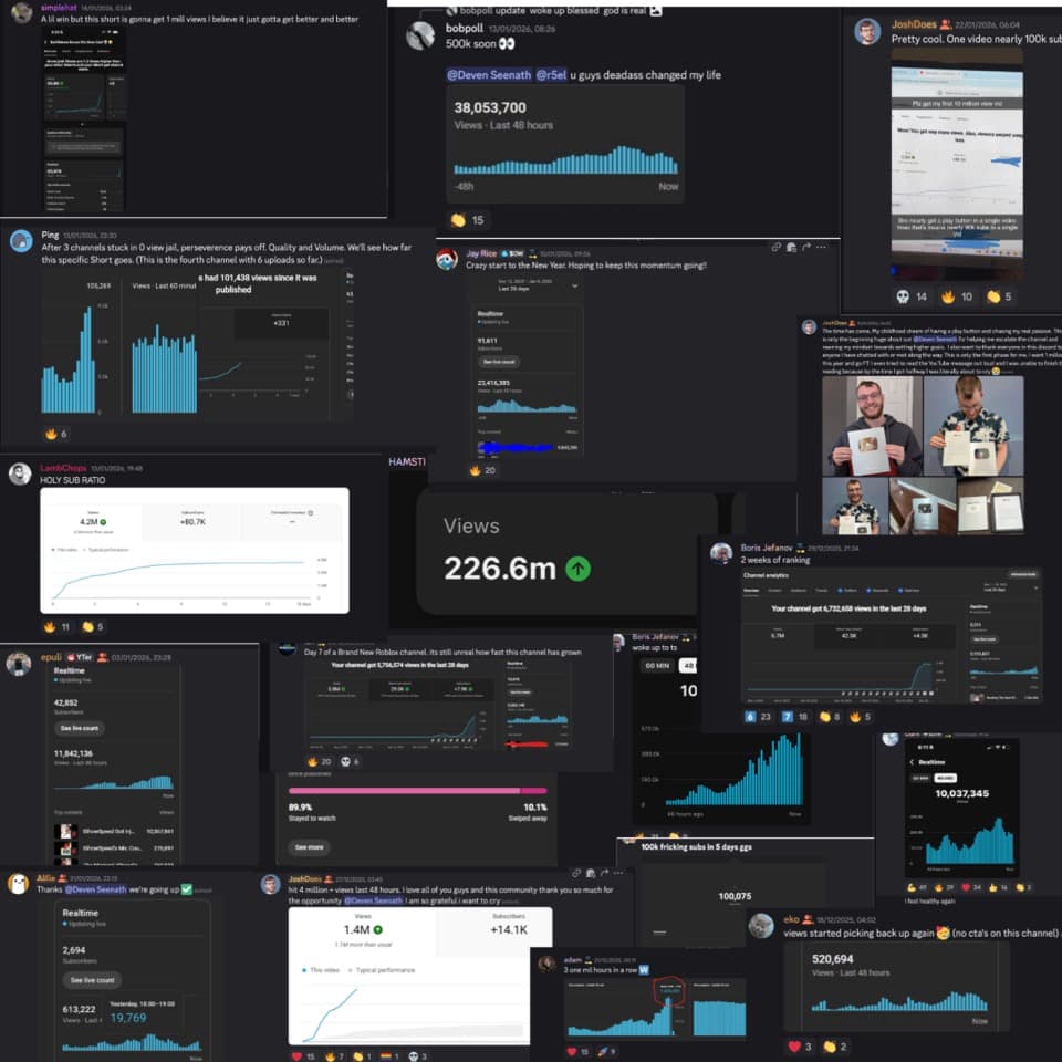 Creator proof collage with view and revenue screenshots
