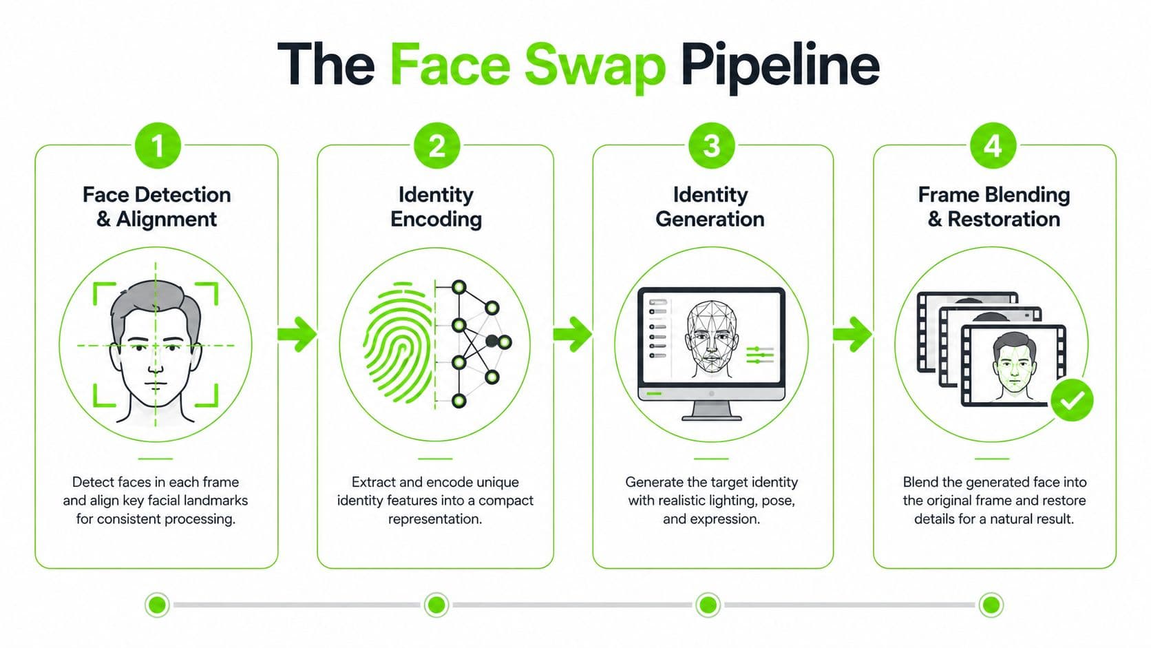 A four-step infographic illustrating the technical pipeline for processing AI video face swaps, starting from detection to restoration.