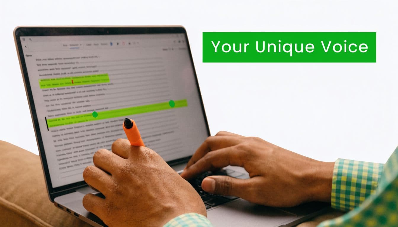 A person writing on a laptop with highlighted text and a green Your Unique Voice banner.