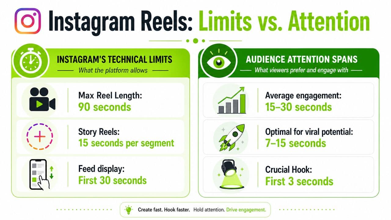 An infographic comparing Instagram Reels technical limits versus optimal viewer attention spans and engagement times.