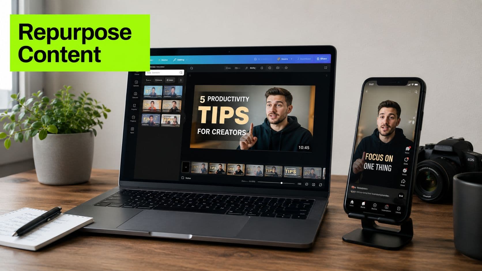 A professional desk setup featuring a laptop editing video and a smartphone displaying vertical social media content.