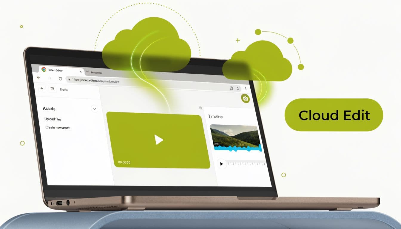 A laptop screen displaying cloud-based video editing software features with an illustrated cloud and upload icon.