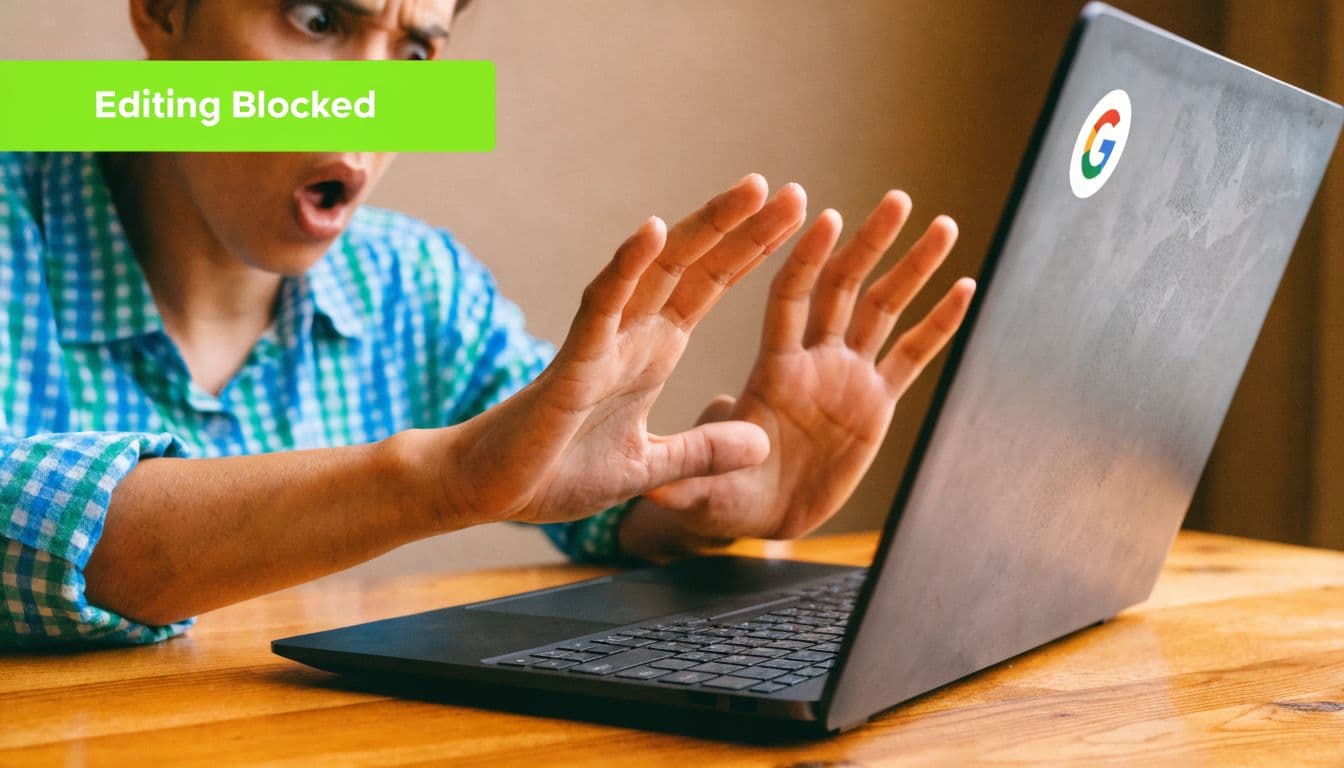 A person looking shocked while using a laptop with a Google sticker, expressing frustration at their computer.