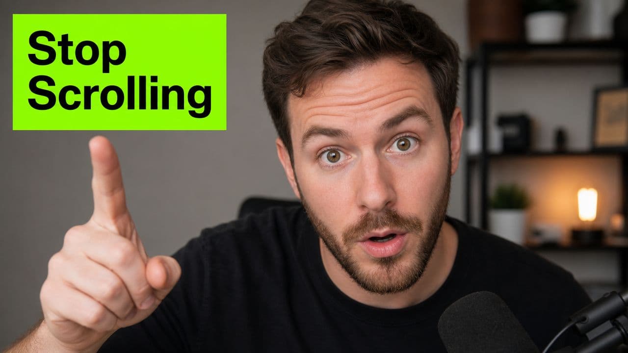A man with a surprised expression pointing up at a bright green sign reading Stop Scrolling.