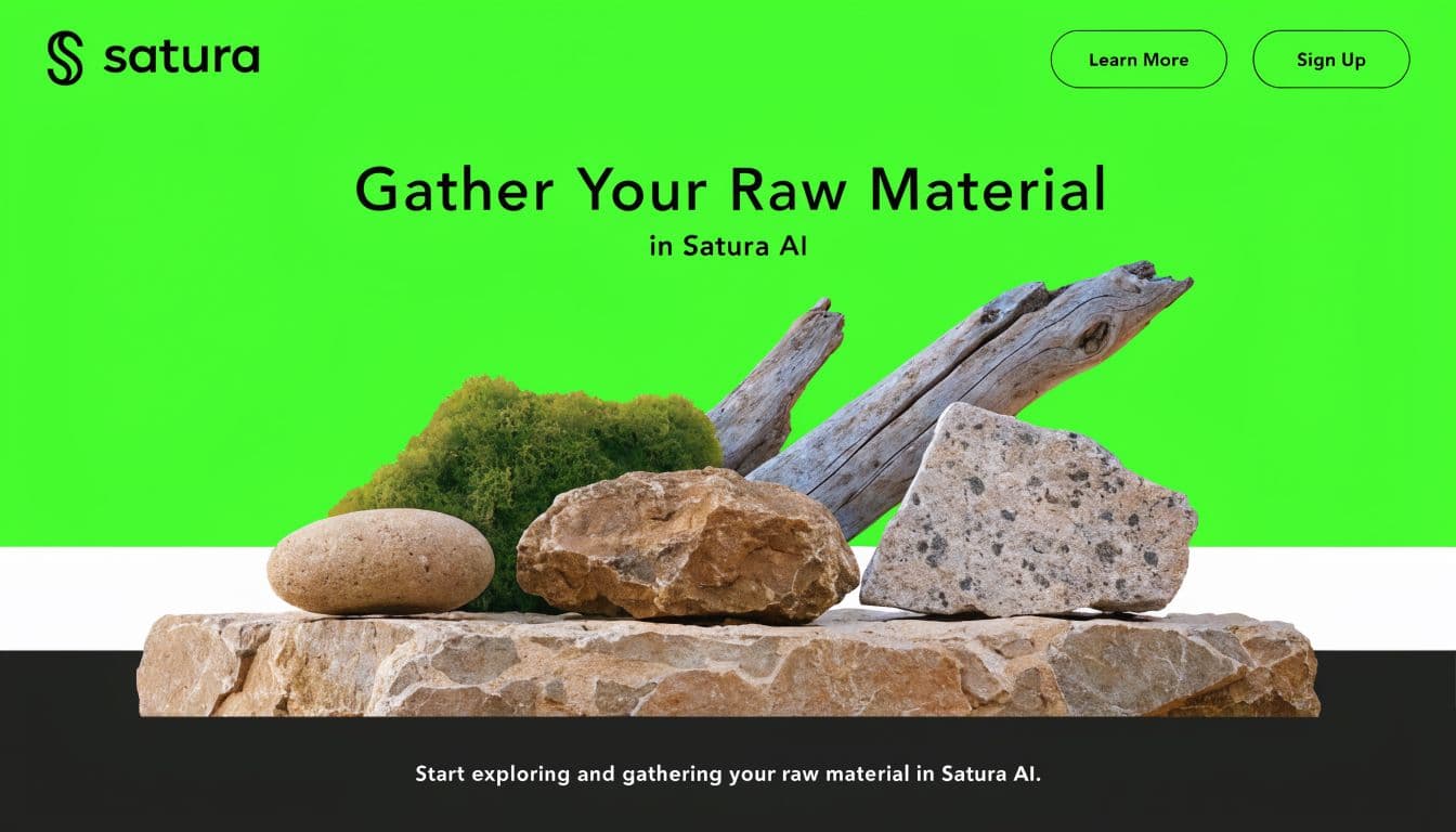 A modern web interface with a bright green background displaying natural elements like stones and wood.