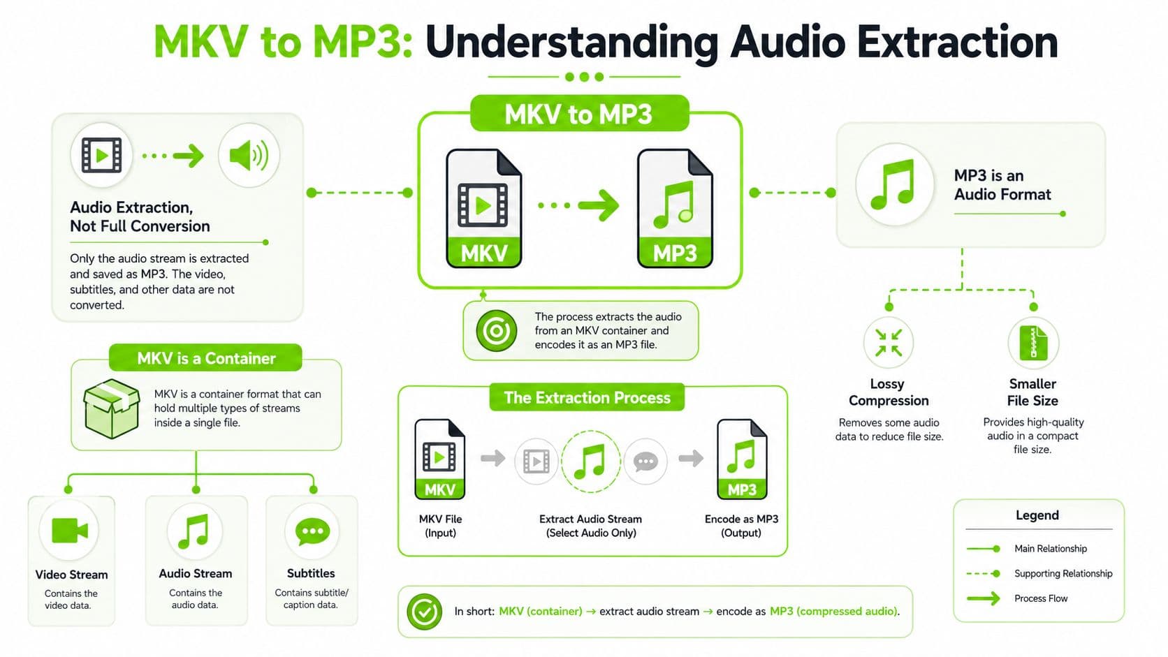 An infographic explaining the technical process of extracting audio from MKV files to create MP3 files.