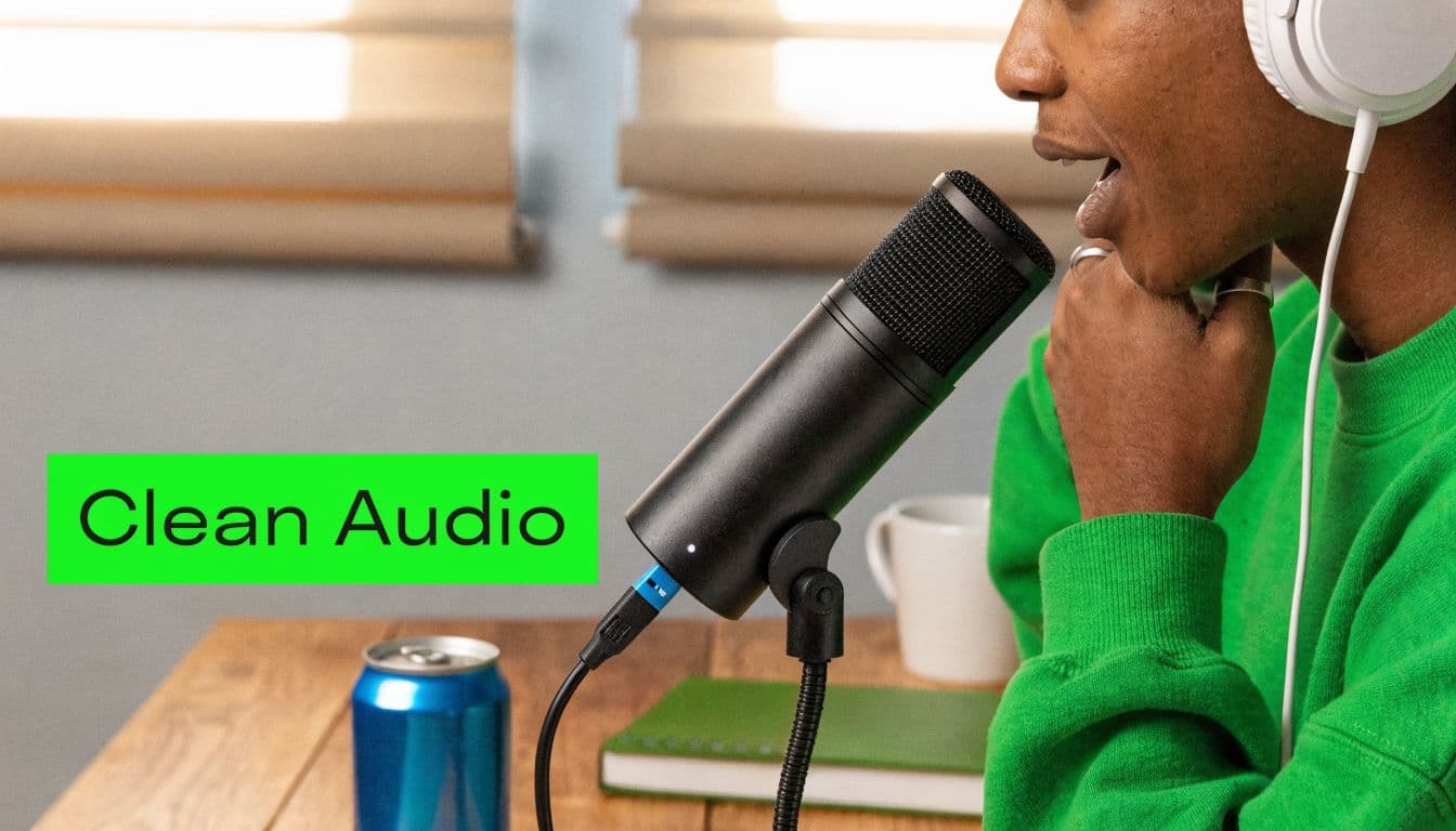 A person wearing headphones speaks into a professional microphone at a desk, emphasizing clean audio recording.
