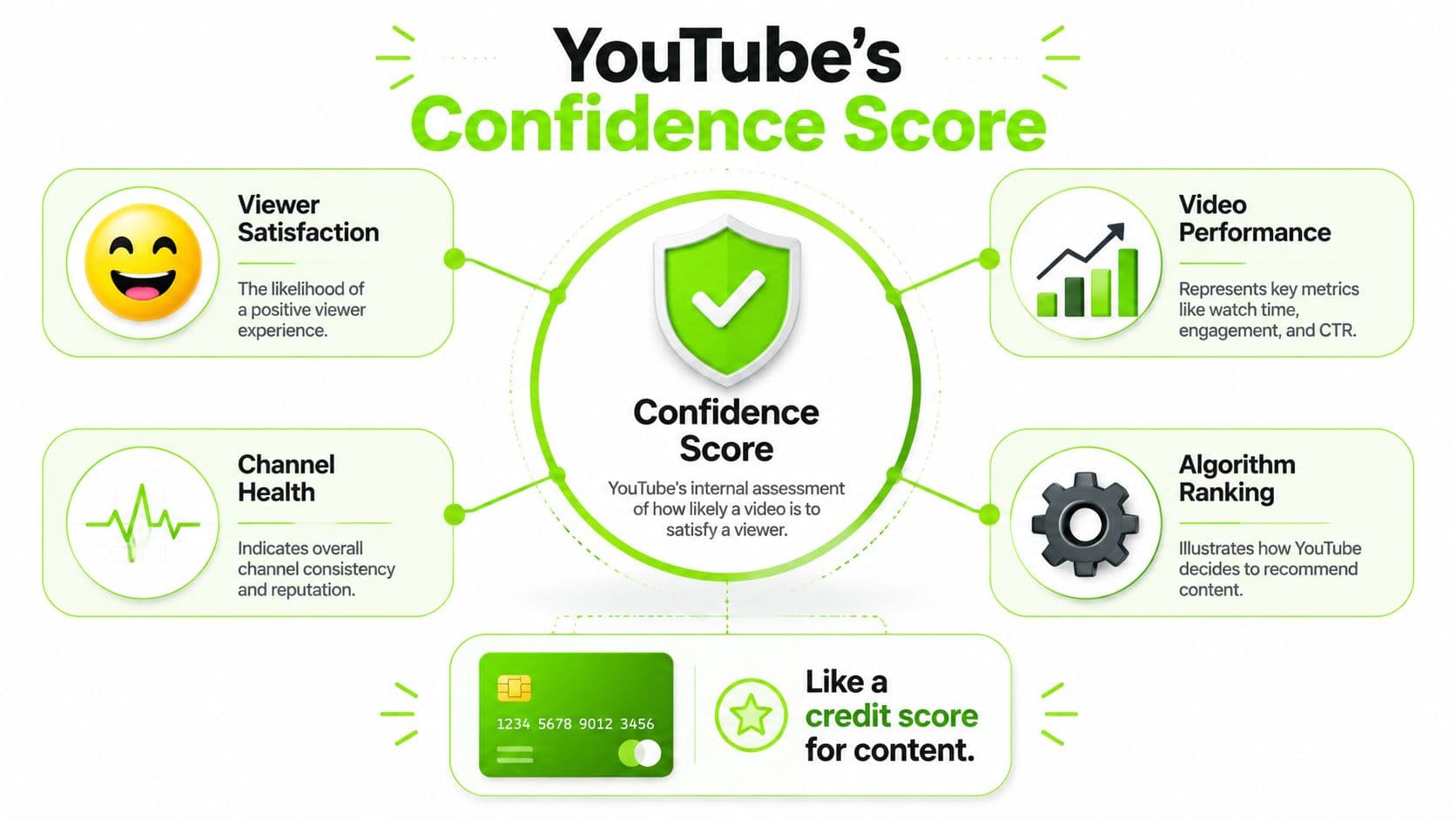A diagram explaining YouTube Confidence Score, showing how viewer satisfaction, performance, channel health, and ranking influence it.