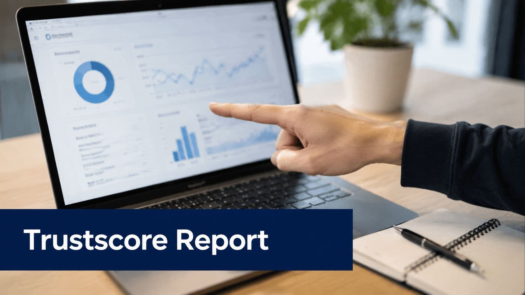 A person pointing at a laptop screen displaying various financial charts and a digital Trustscore report.