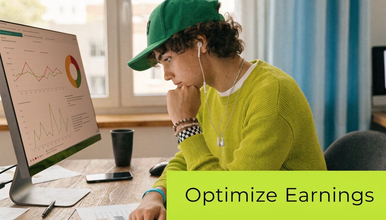 A young man wearing a green cap and headphones analyzing data charts on his computer screen while working.