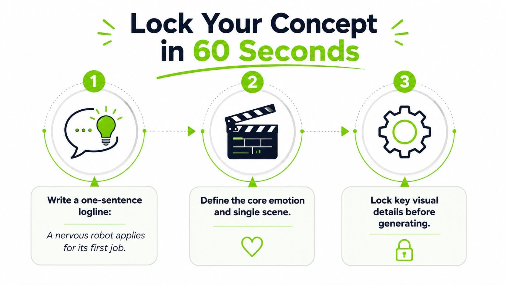An infographic showing three simple steps to develop a film concept in sixty seconds using specific guidelines.