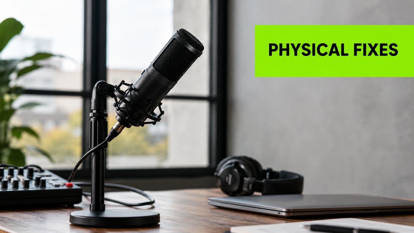 A professional microphone and studio equipment set up on a wooden desk near a window.