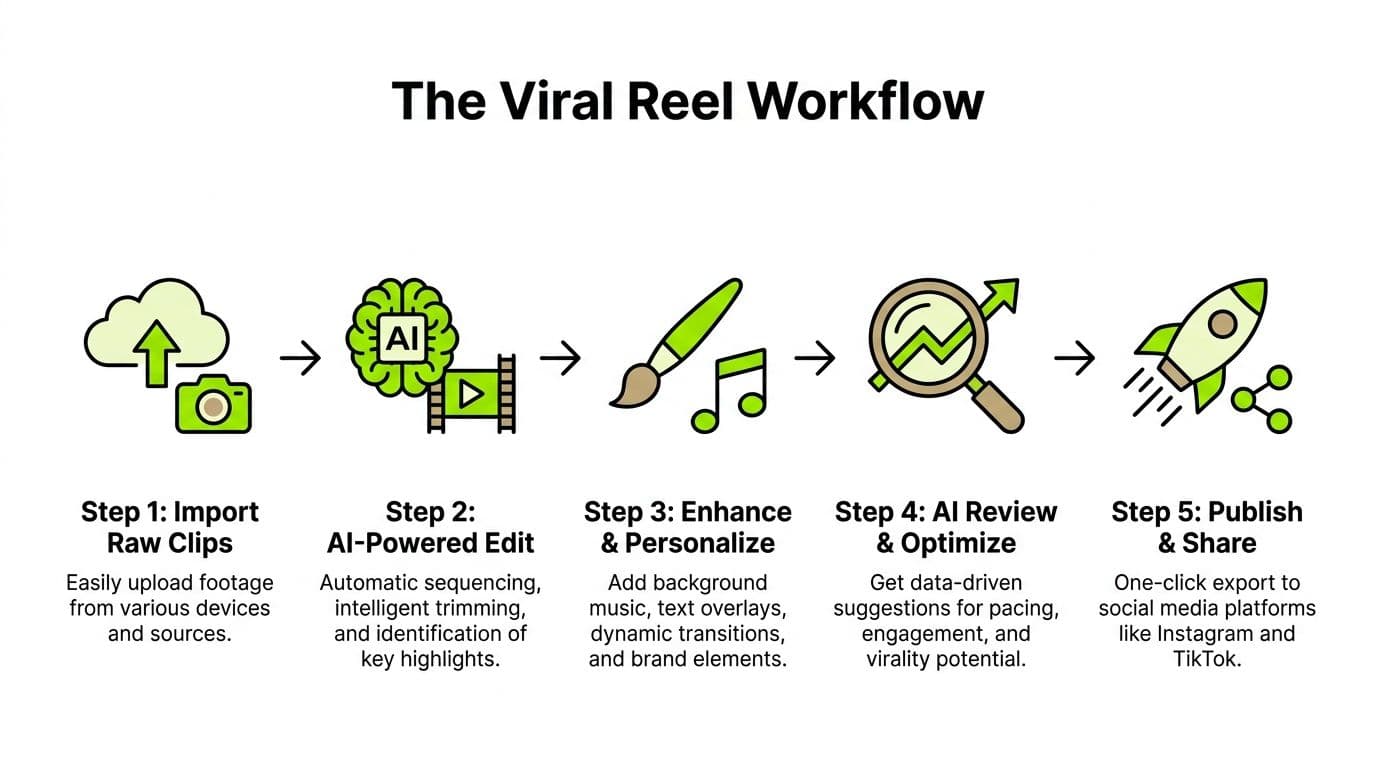 A diagram outlining a five-step viral reel workflow process involving AI video editing and optimization.