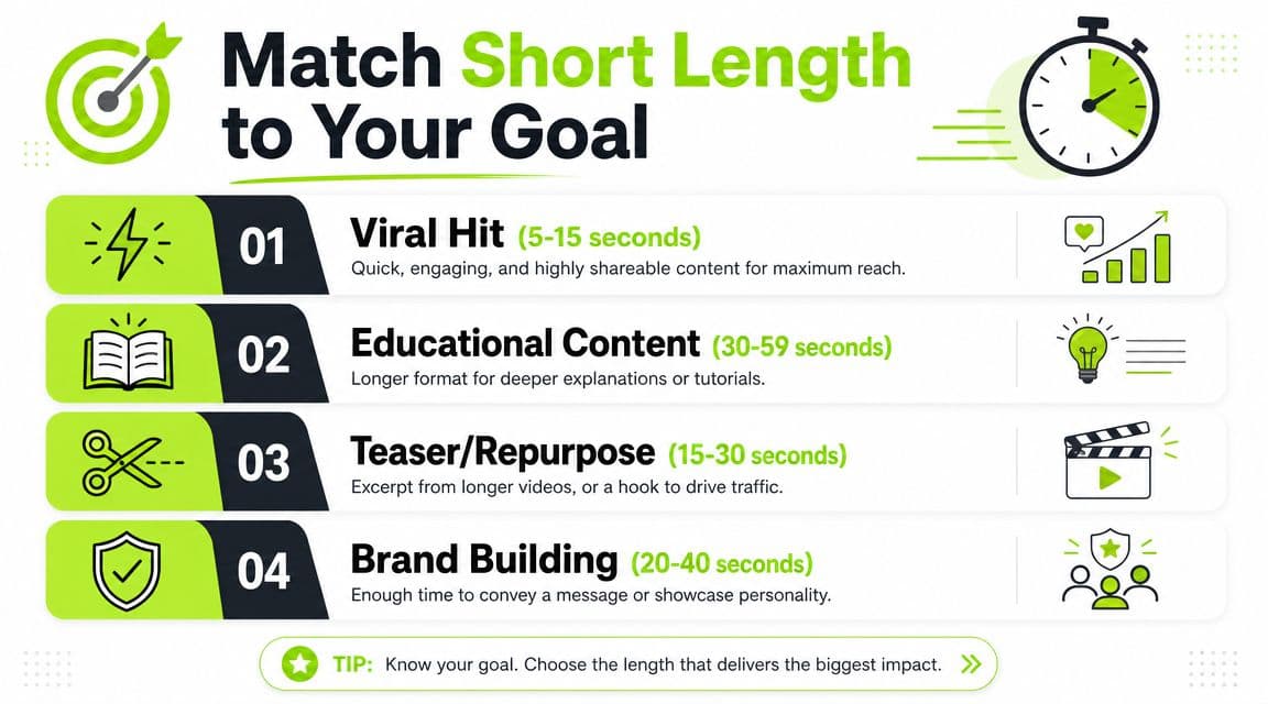 An infographic showing recommended lengths for YouTube Shorts based on different content goals like viral hits or education.