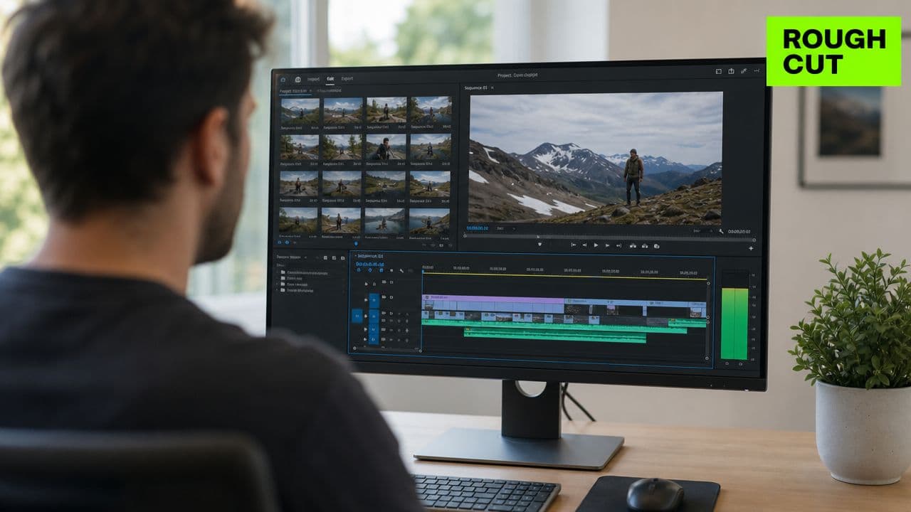 A video editor working on a professional editing project with mountain footage on a large computer screen.