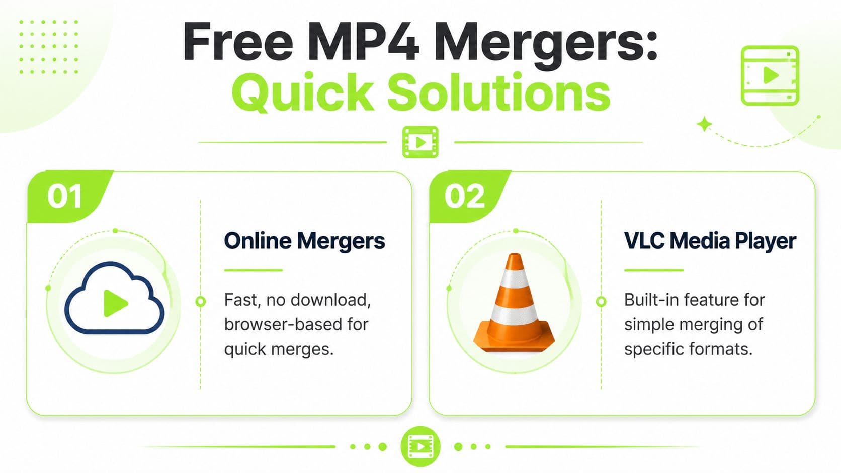 An infographic showing two free methods for joining MP4 files: using online mergers or VLC Media Player.