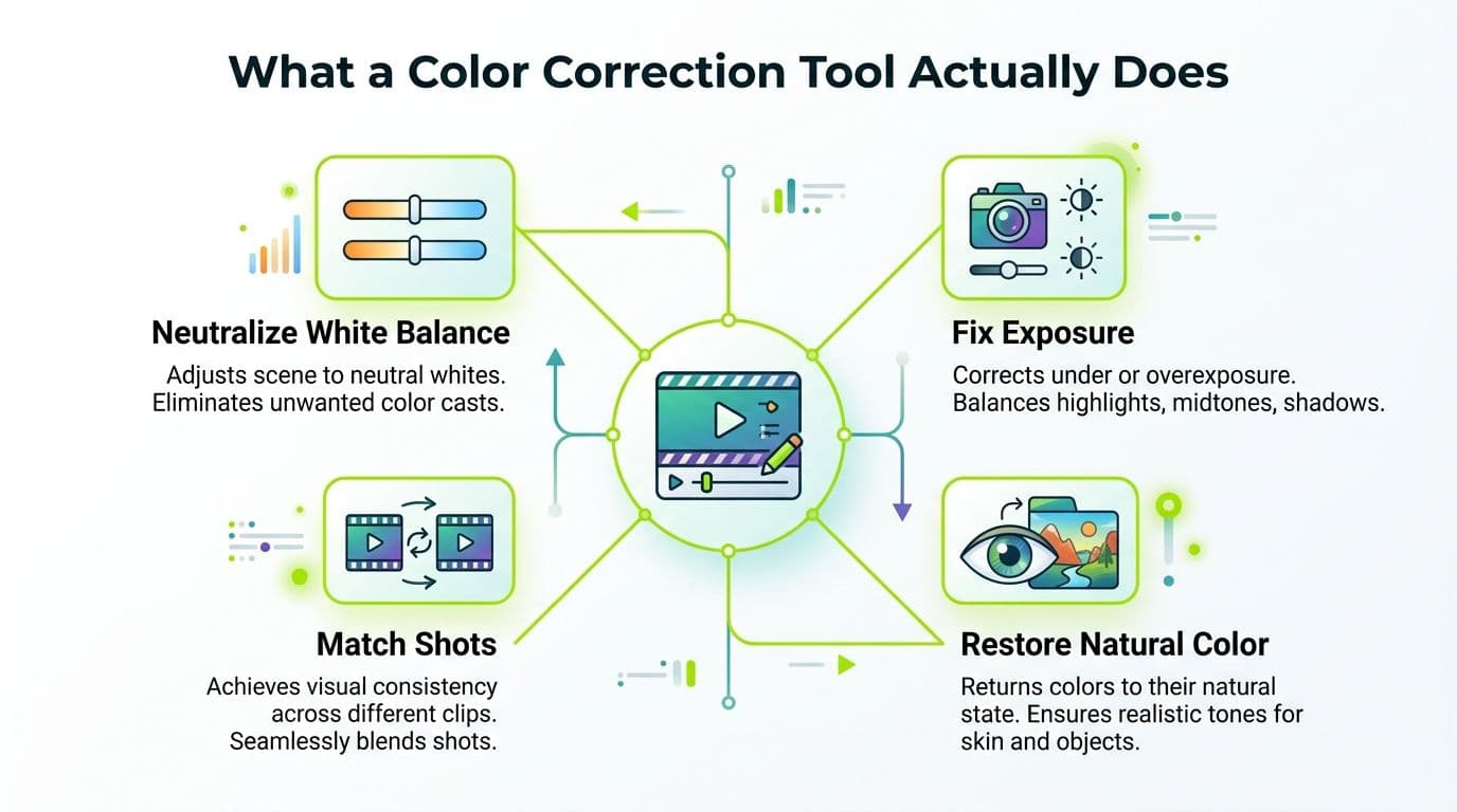 A diagram explaining four key functions of a video color correction tool including white balance and exposure.