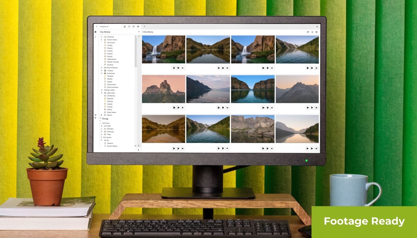 A desktop computer monitor displaying a file management app with a gallery of scenic landscape video thumbnails.