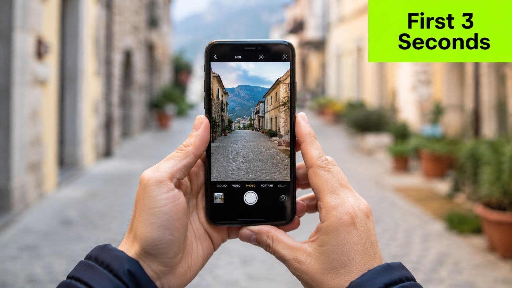 A person holding a smartphone to capture a scenic photo of a cobblestone street in Italy.