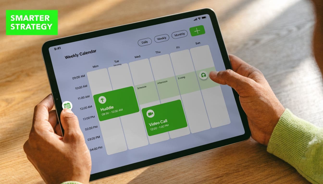 A person using a tablet to organize a weekly work calendar with various scheduled events and meetings.