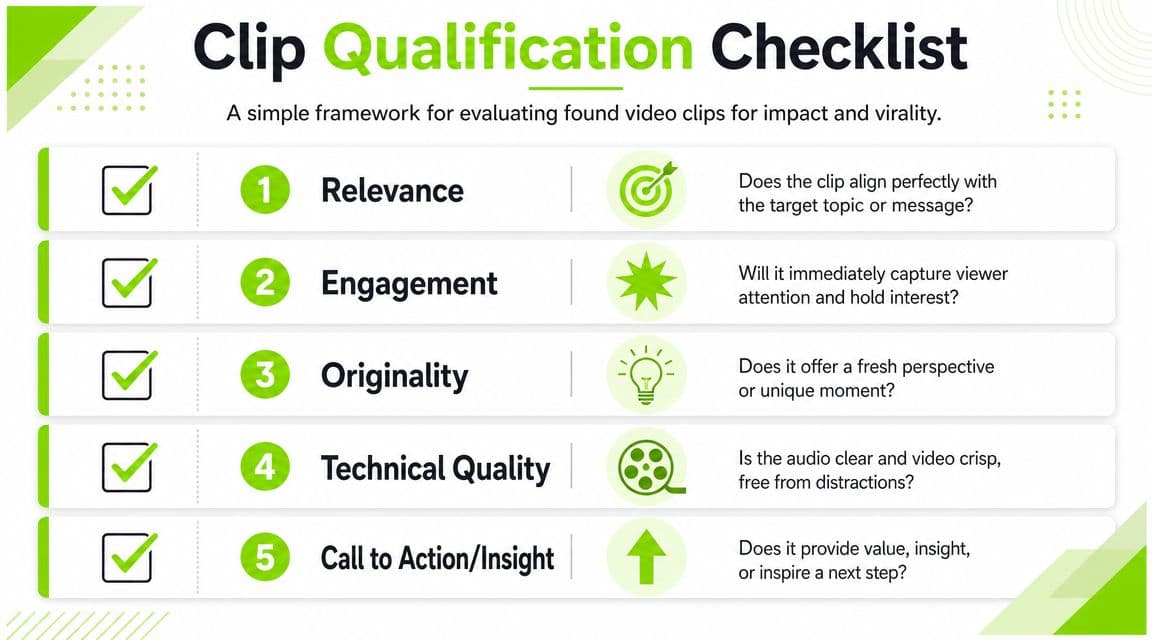 A five-point checklist titled Clip Qualification Checklist for evaluating found video clips for impact and virality.