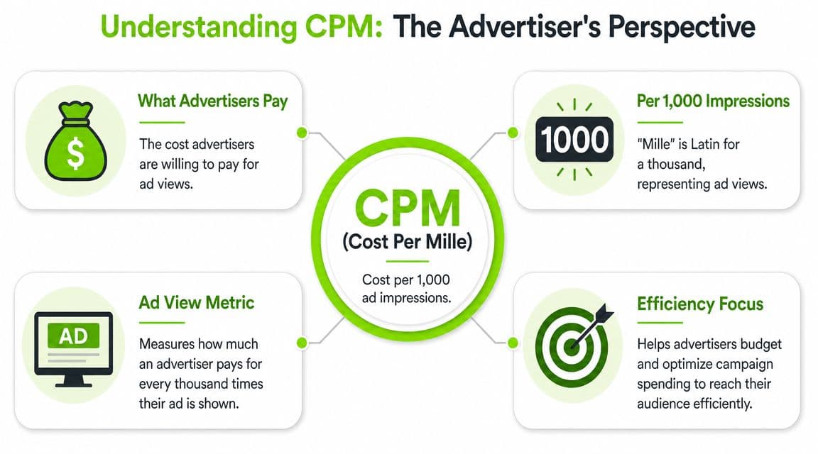 An infographic titled Understanding CPM explaining the cost per mille advertising metric for digital marketing campaigns.