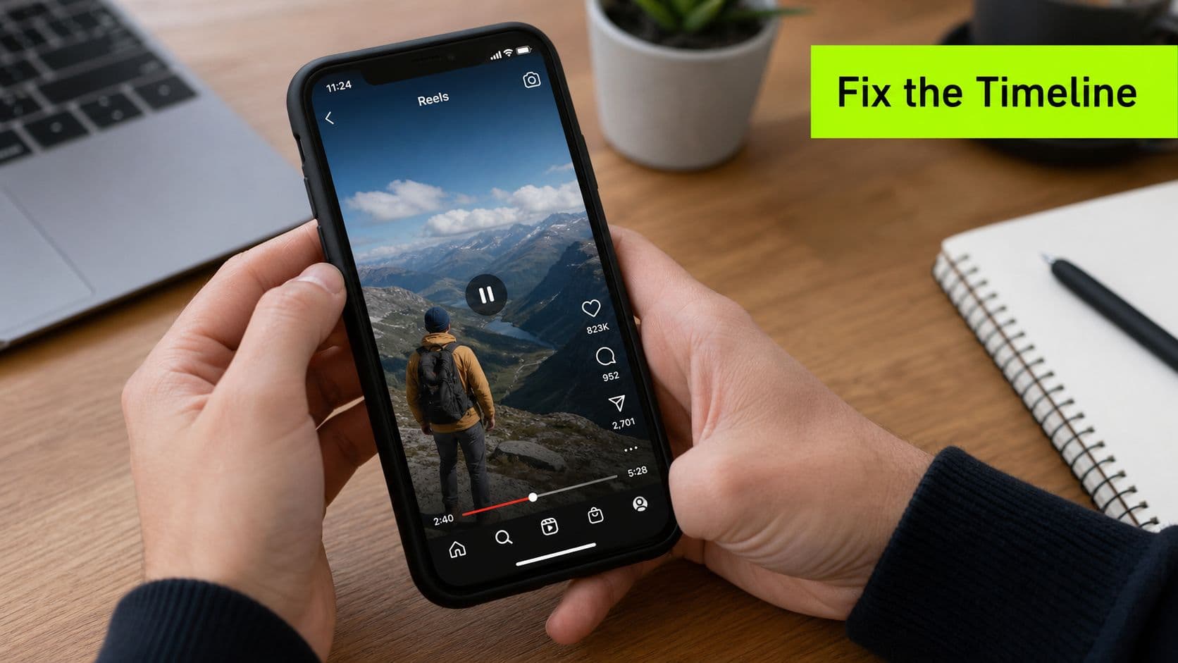 A person holds a smartphone displaying an Instagram Reels video interface with a progress bar overlay.