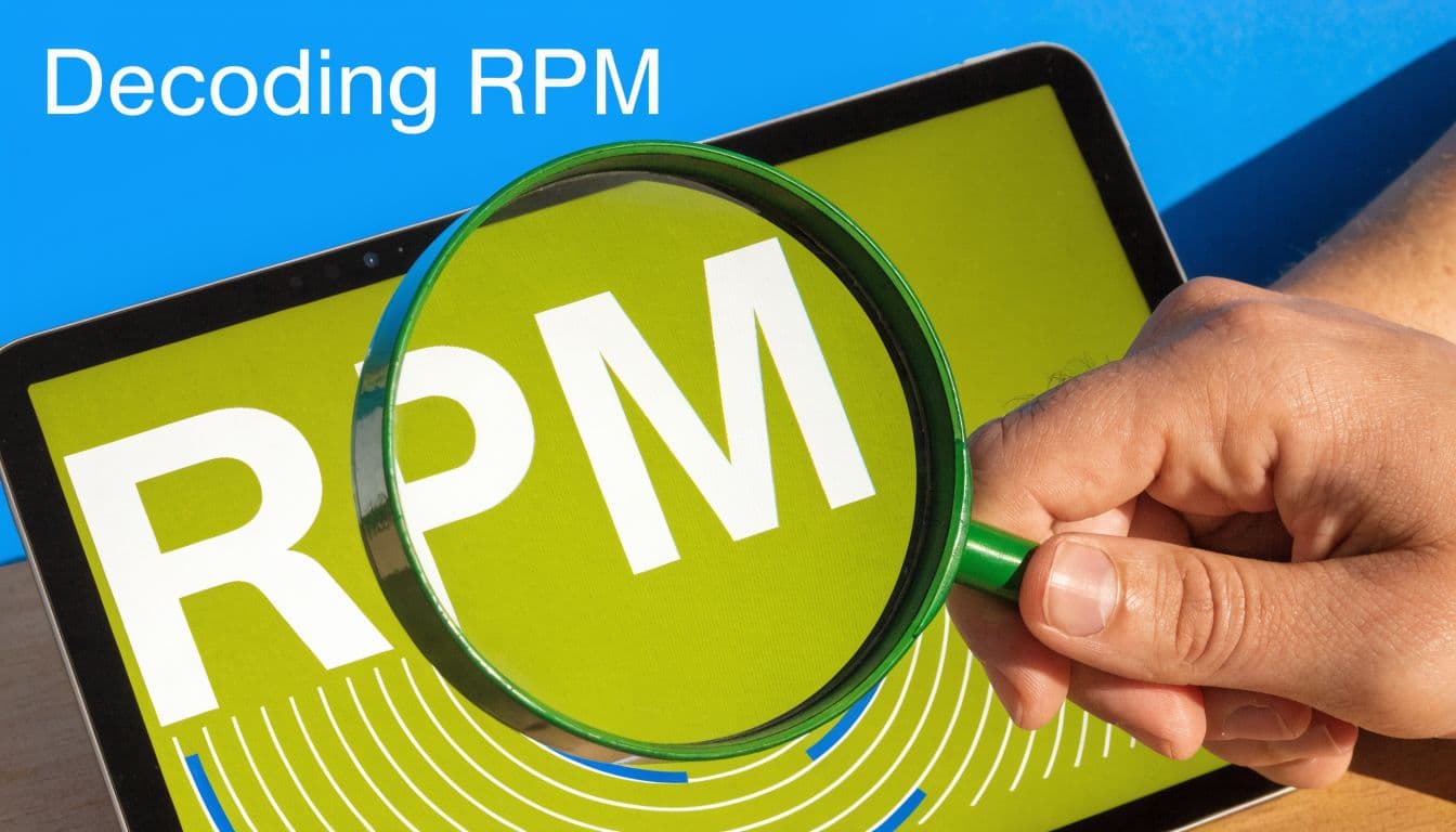 A hand holding a magnifying glass over a tablet displaying the letters RPM on a green screen.