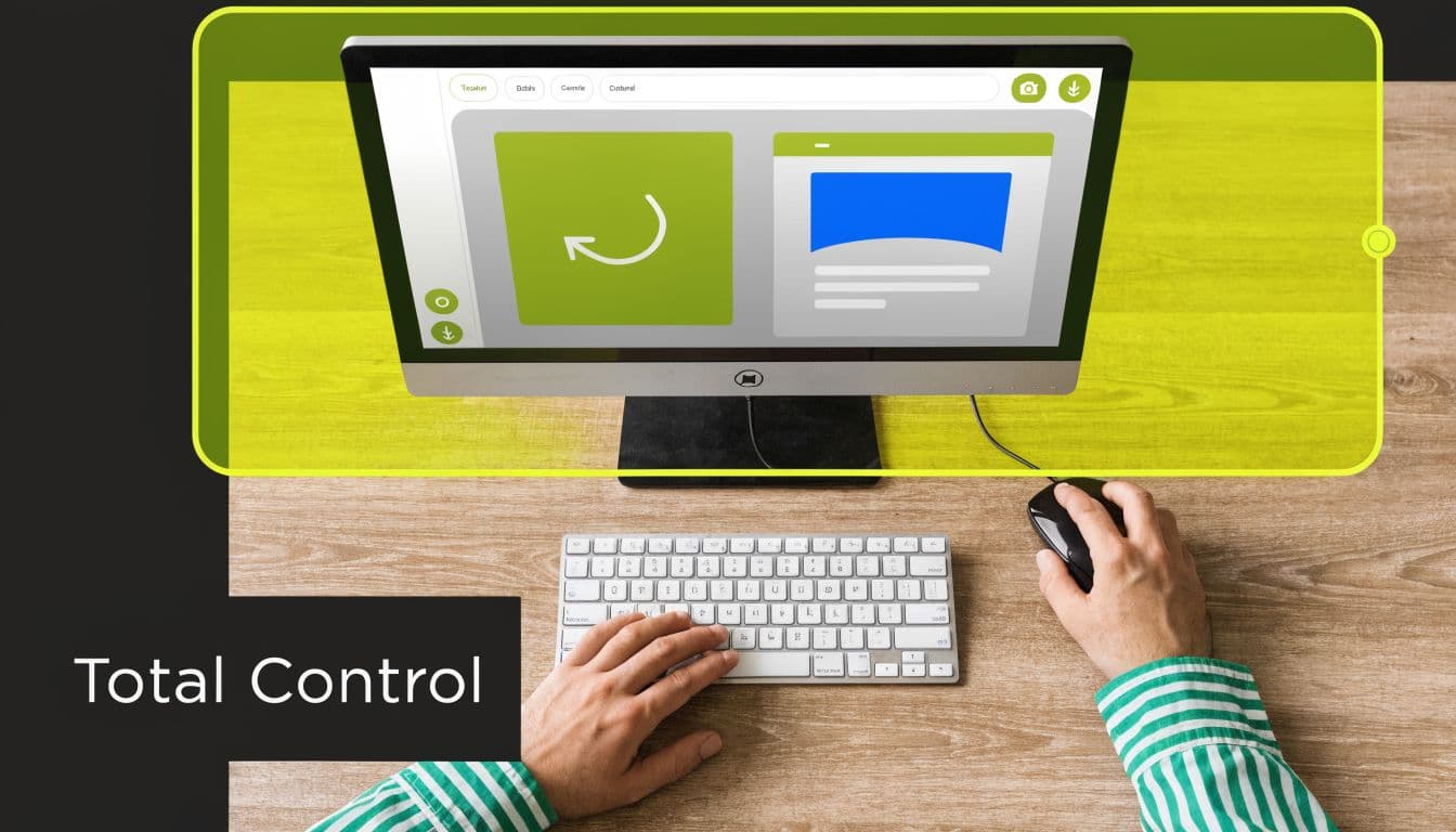 A person uses a computer to manage digital content with a mouse and keyboard on a desk.