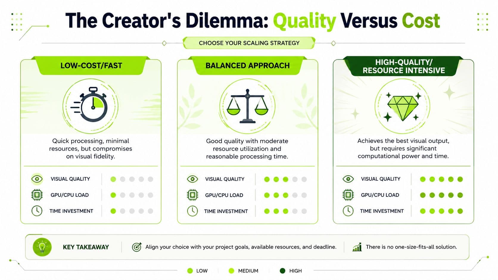A chart illustrating the trade-off between quality and cost when choosing a content creation scaling strategy.