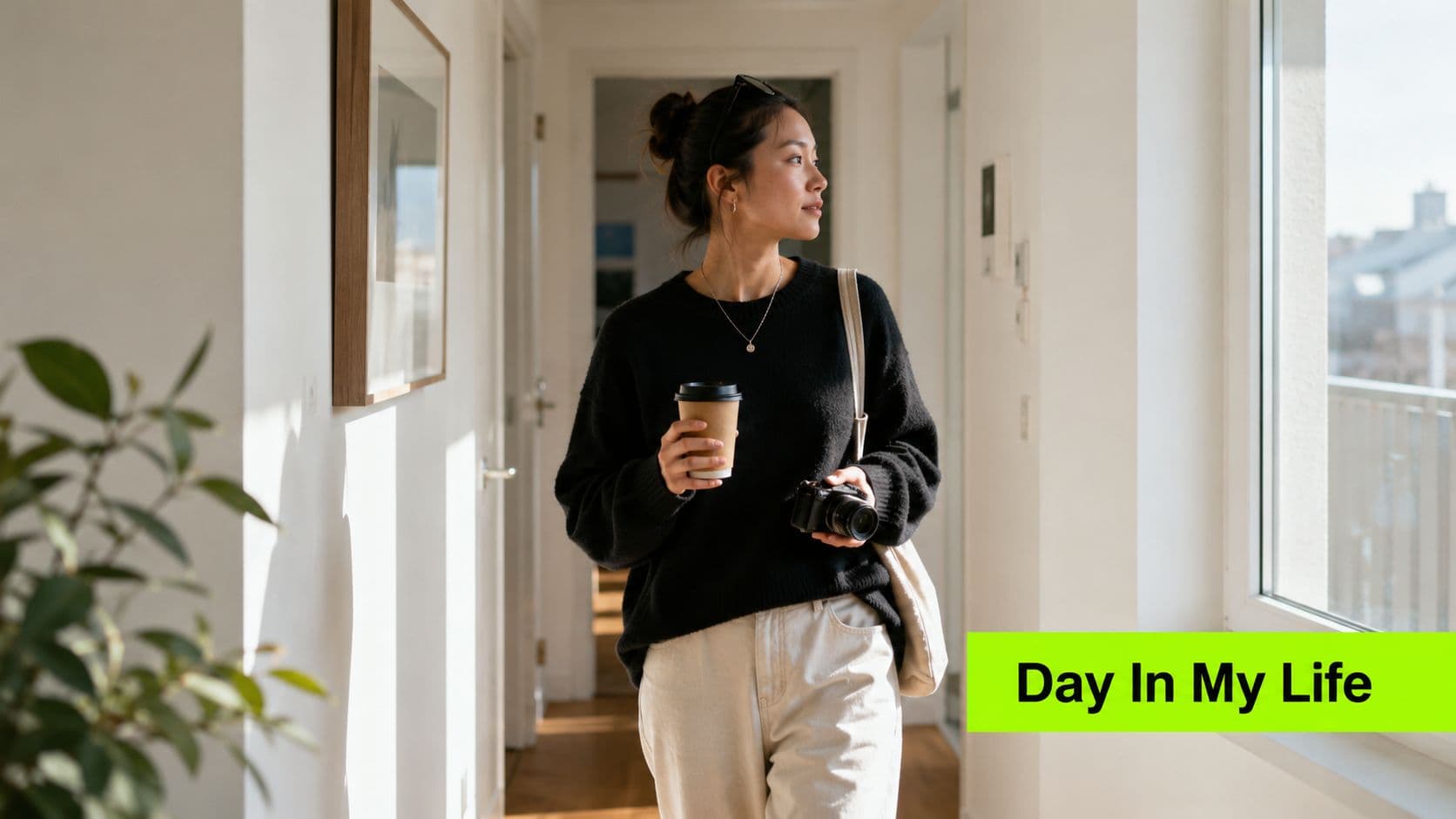 A young woman holding a coffee cup and camera walks down a bright hallway with an urban view.