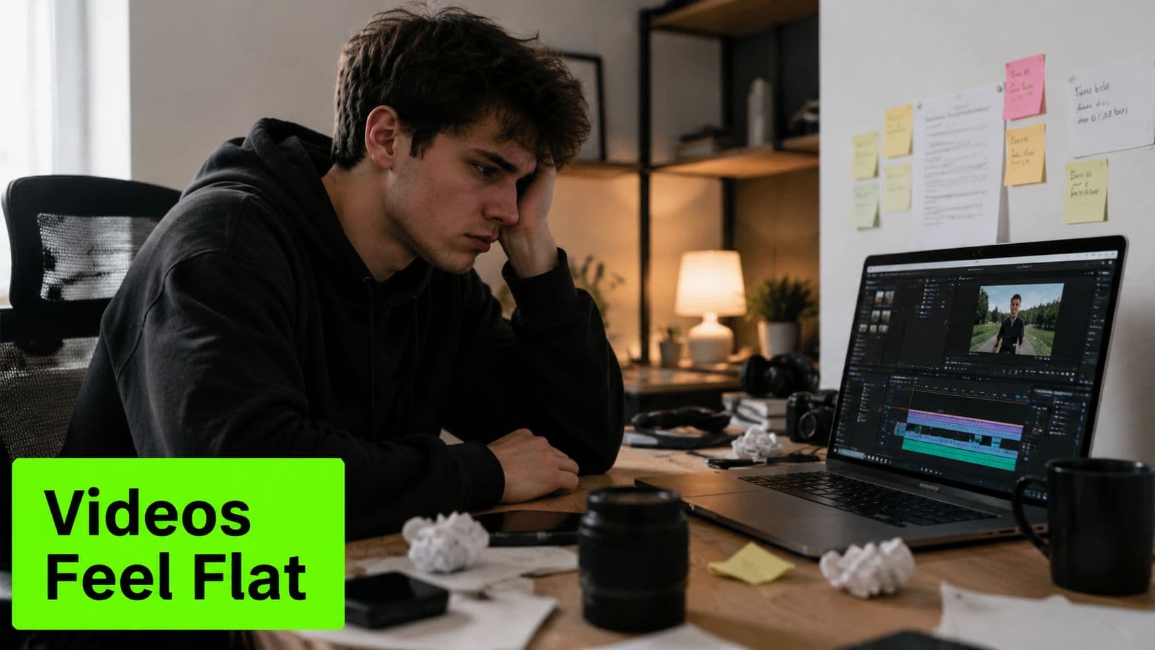 A frustrated video editor sitting at a desk working on a project on a laptop computer.
