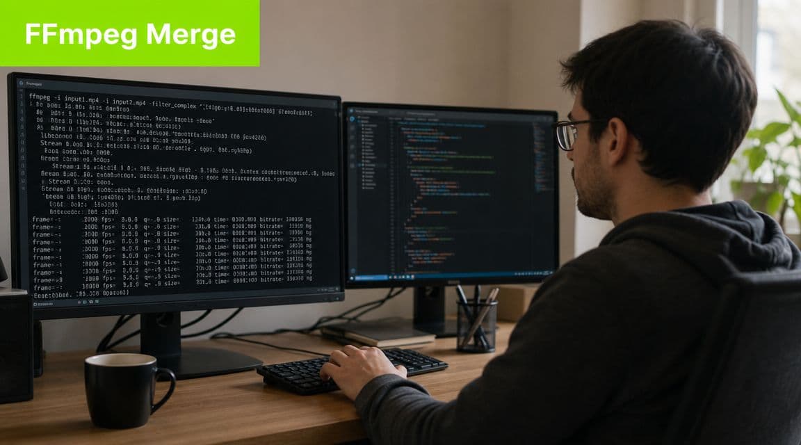 A male programmer working at a dual monitor setup while running FFmpeg commands to merge video files.