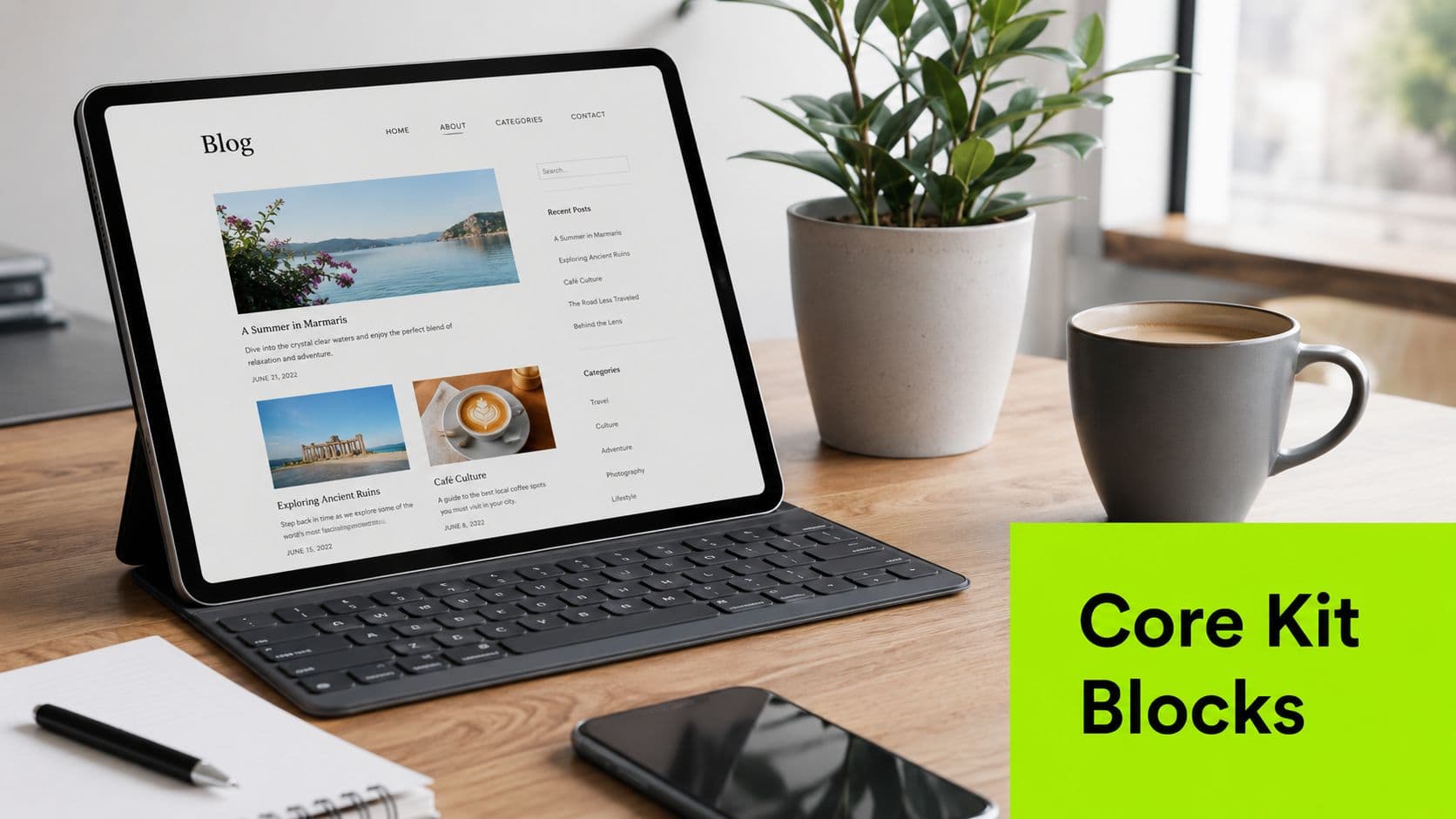 A tablet displaying a travel blog website sitting on a wooden desk next to a coffee mug.