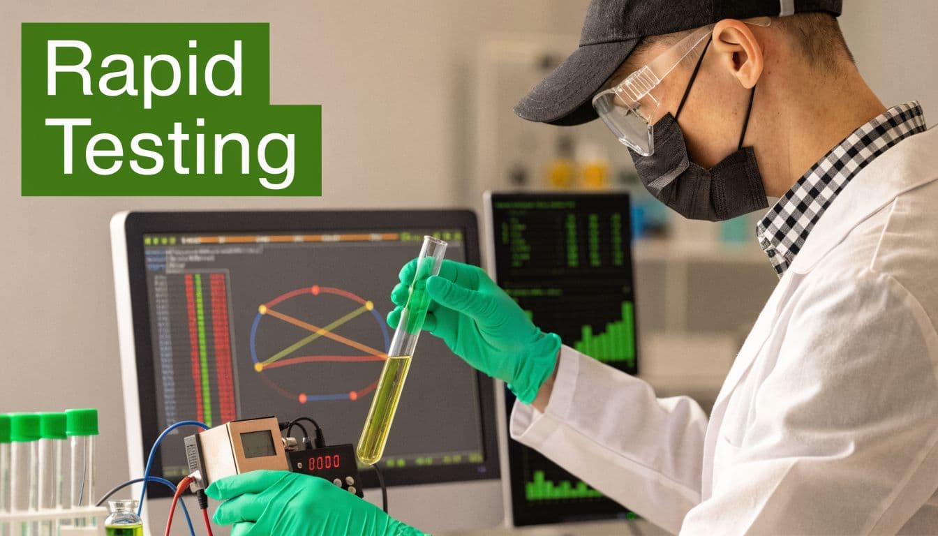 A lab technician in a white coat and mask holding a test tube while analyzing digital data.