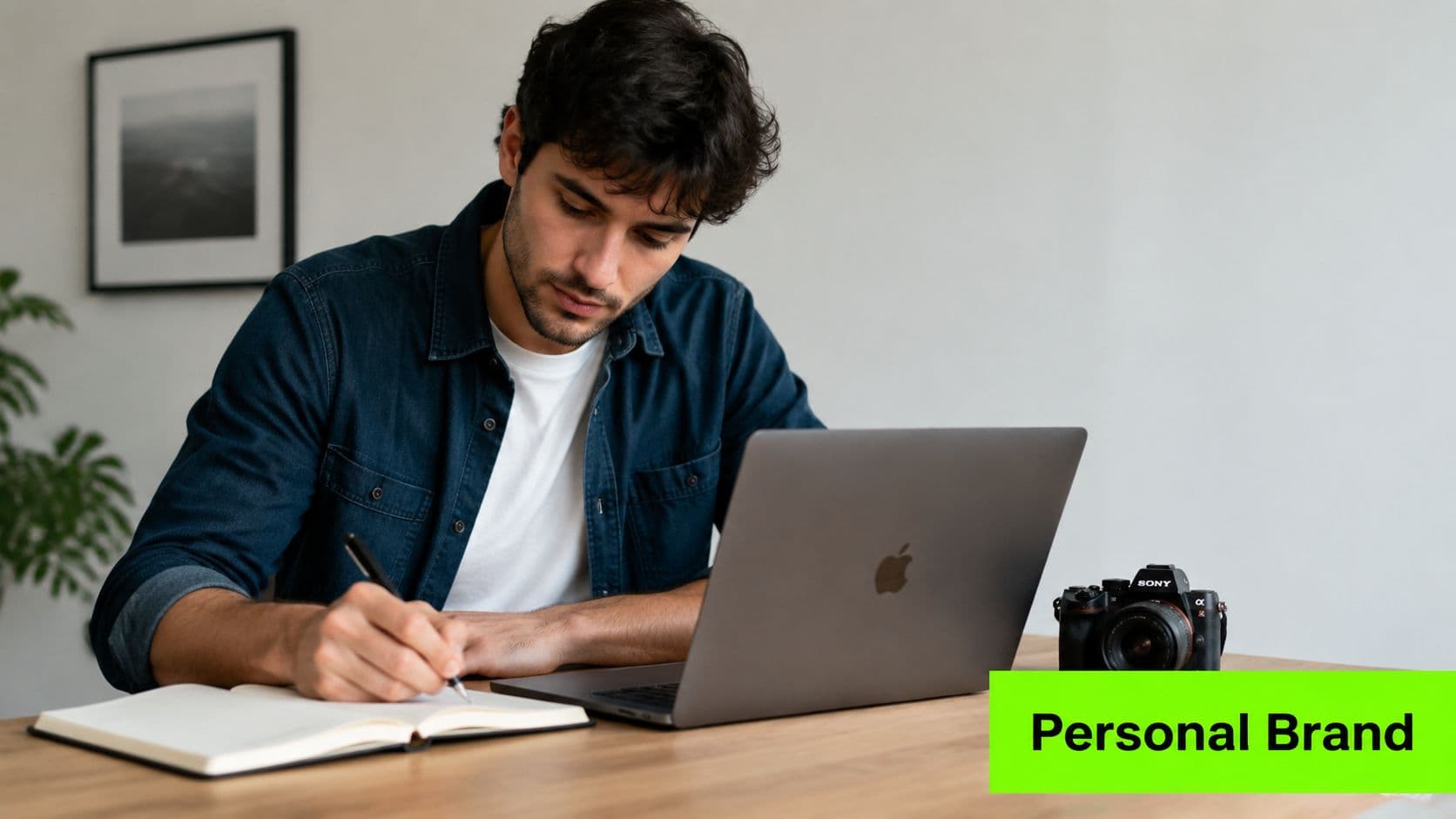 A young man with dark hair writing in a notebook next to a laptop and camera