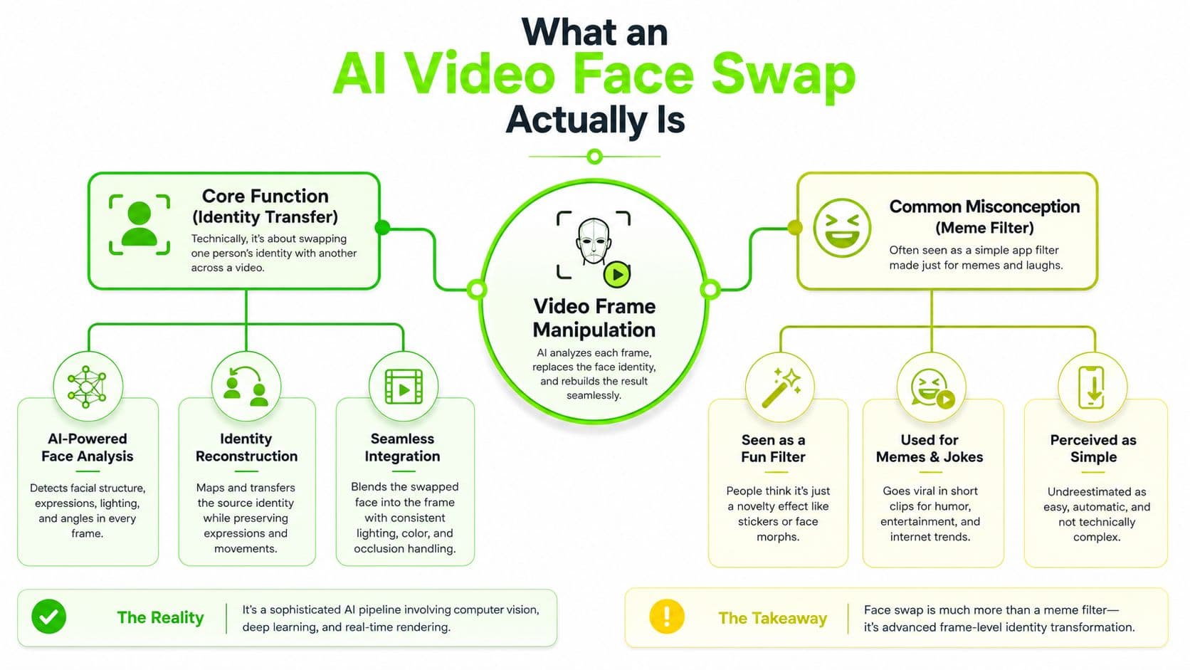 A technical infographic explaining the process and misconceptions surrounding AI video face swap technology and its complexities.