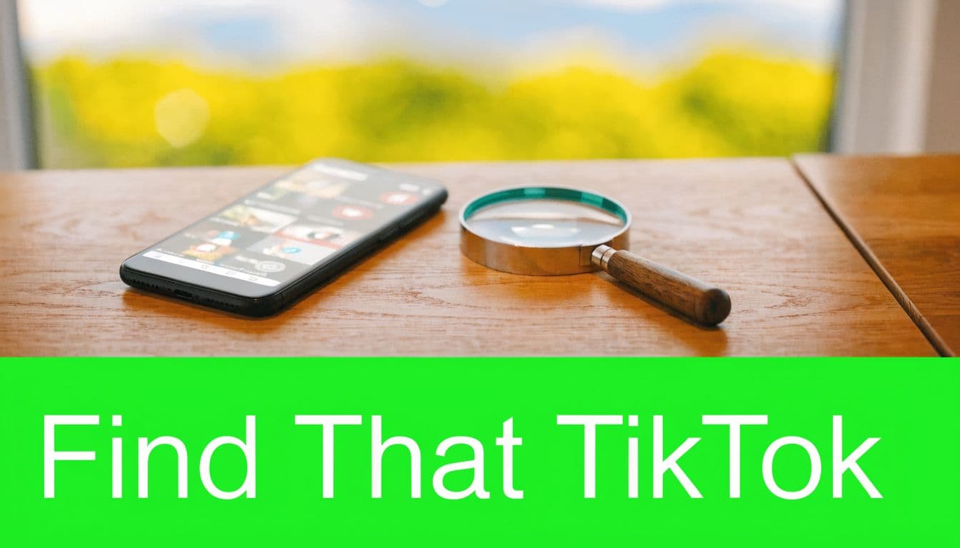 A smartphone resting on a wooden table next to a magnifying glass, promoting TikTok video searching.