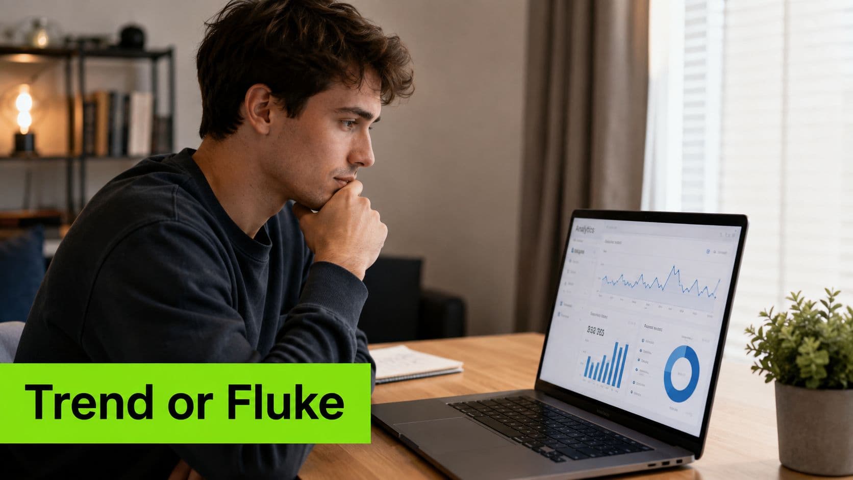 A focused man looking at data visualization charts and graphs on his laptop screen while sitting indoors.