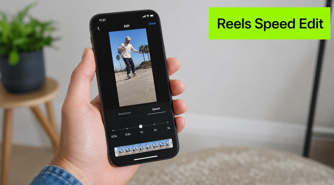 A hand holding a smartphone showing the Reels video speed editing interface for adjusting playback pace.