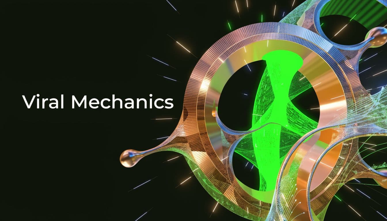 A digital 3D rendering featuring metallic rings and abstract green structures titled Viral Mechanics on black.