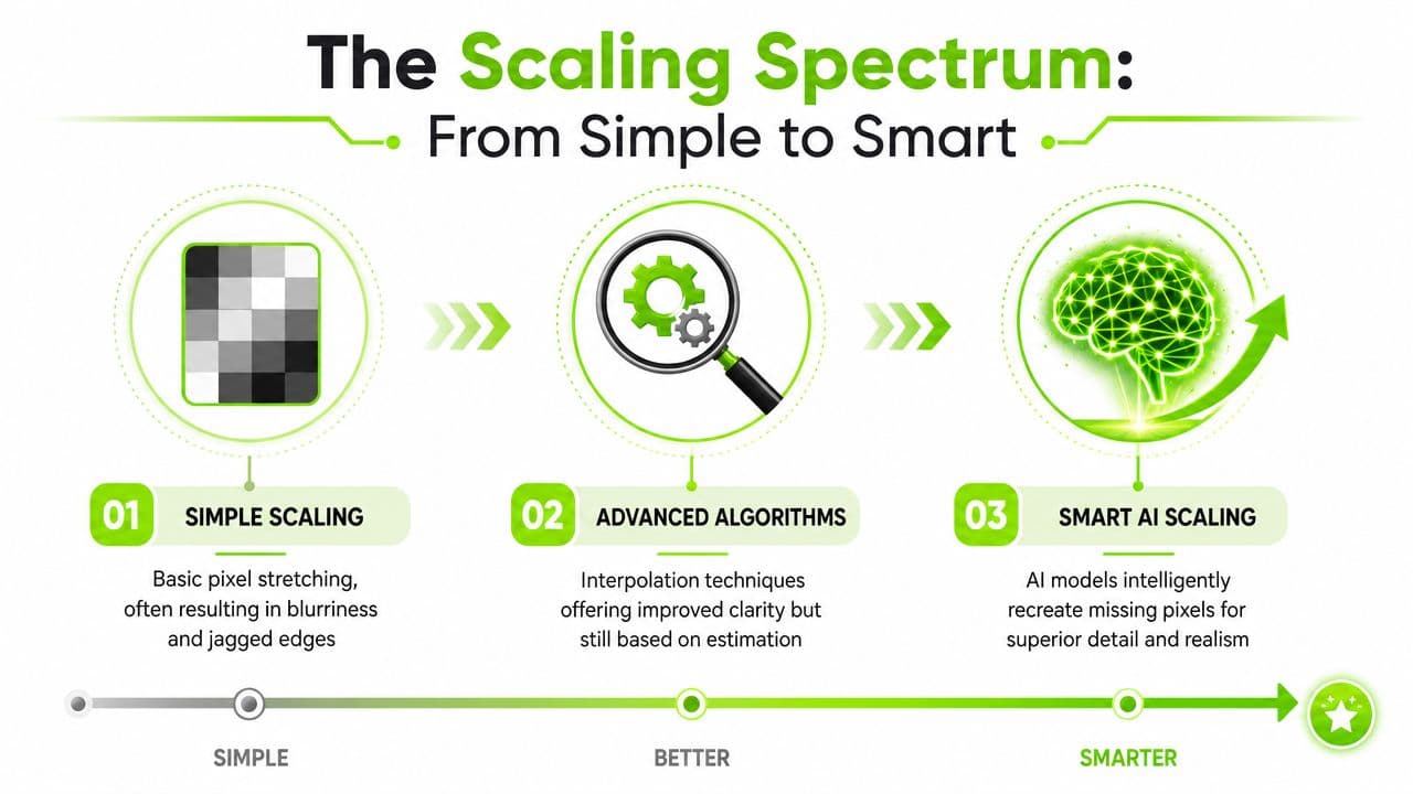 A diagram titled The Scaling Spectrum comparing Simple Scaling, Advanced Algorithms, and Smart AI Scaling technologies.