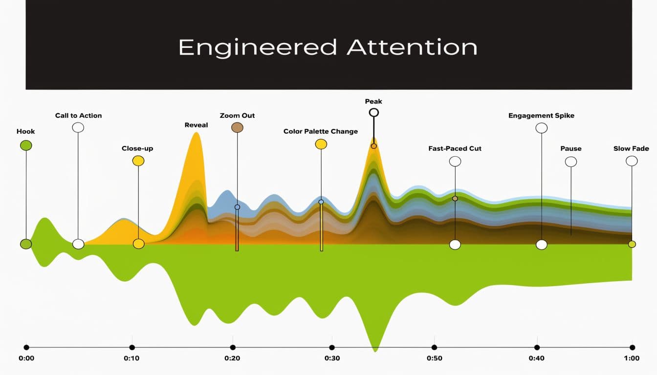 A chart titled Engineered Attention showing how various video editing techniques influence viewer engagement over one minute.