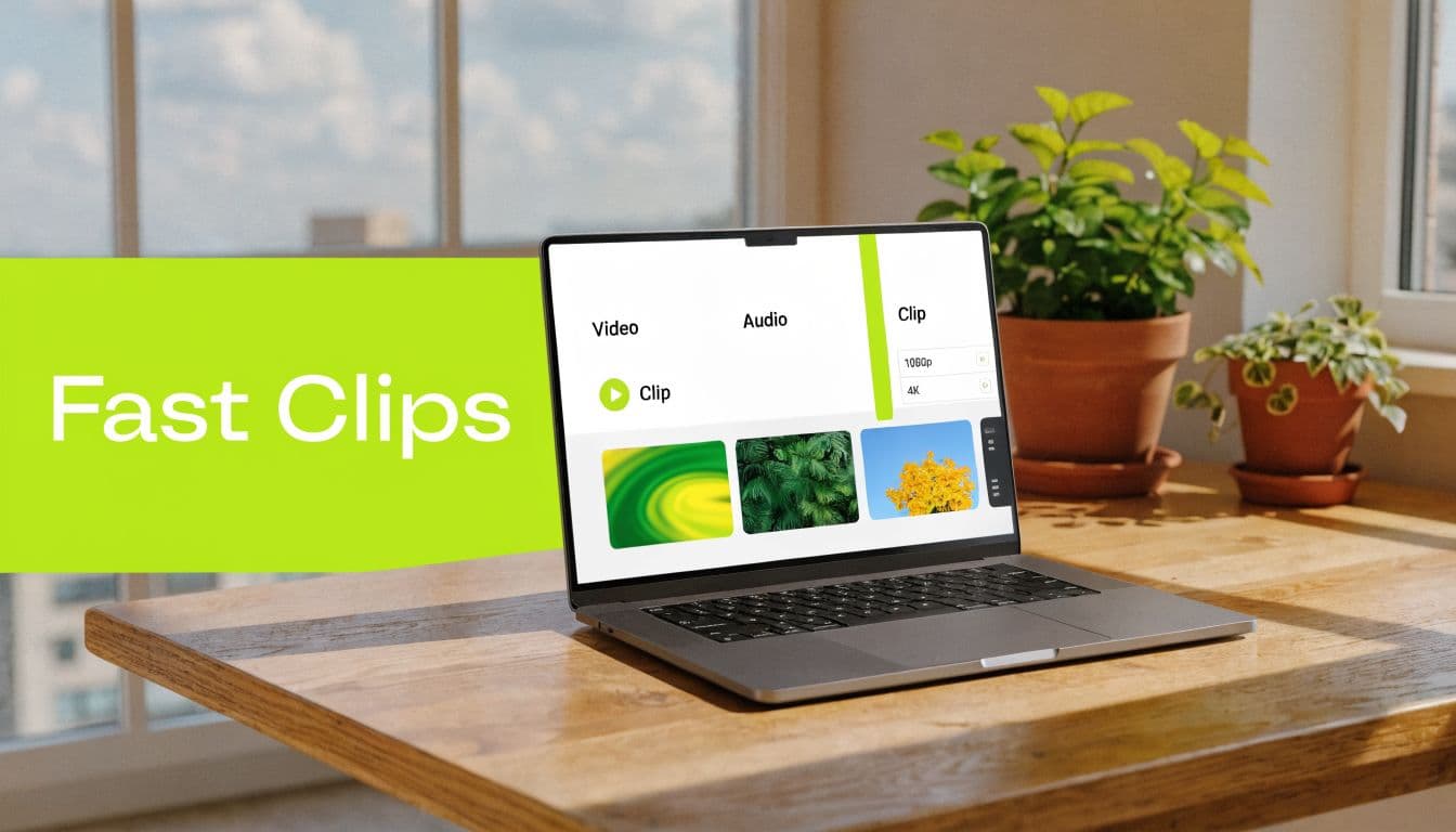 A modern laptop on a wooden desk displaying video editing software titled Fast Clips with thumbnails.