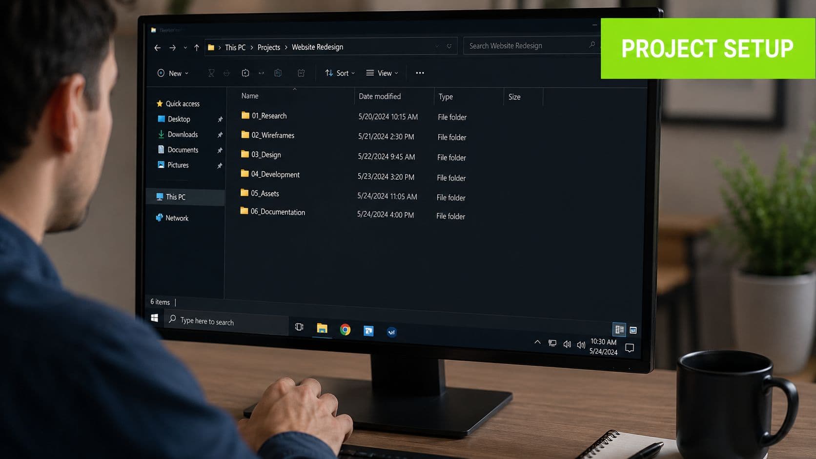 A person organizing website redesign project folders on a computer screen in a professional workspace.