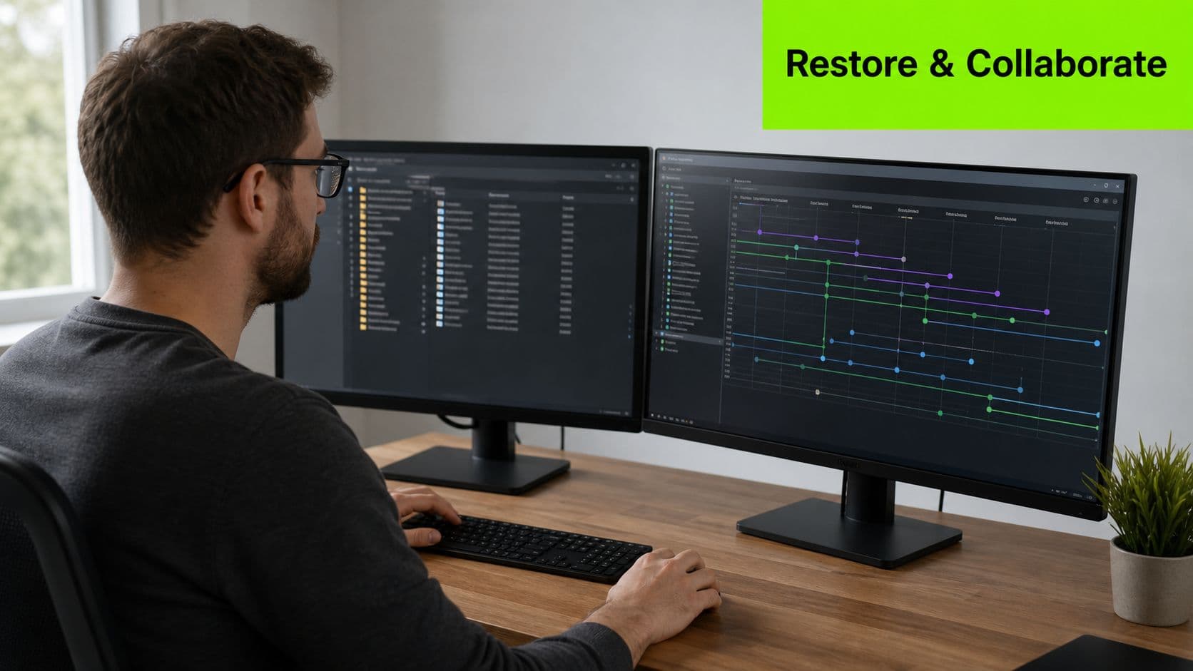 A male developer working on two computer monitors displaying a software version control system and data flow.