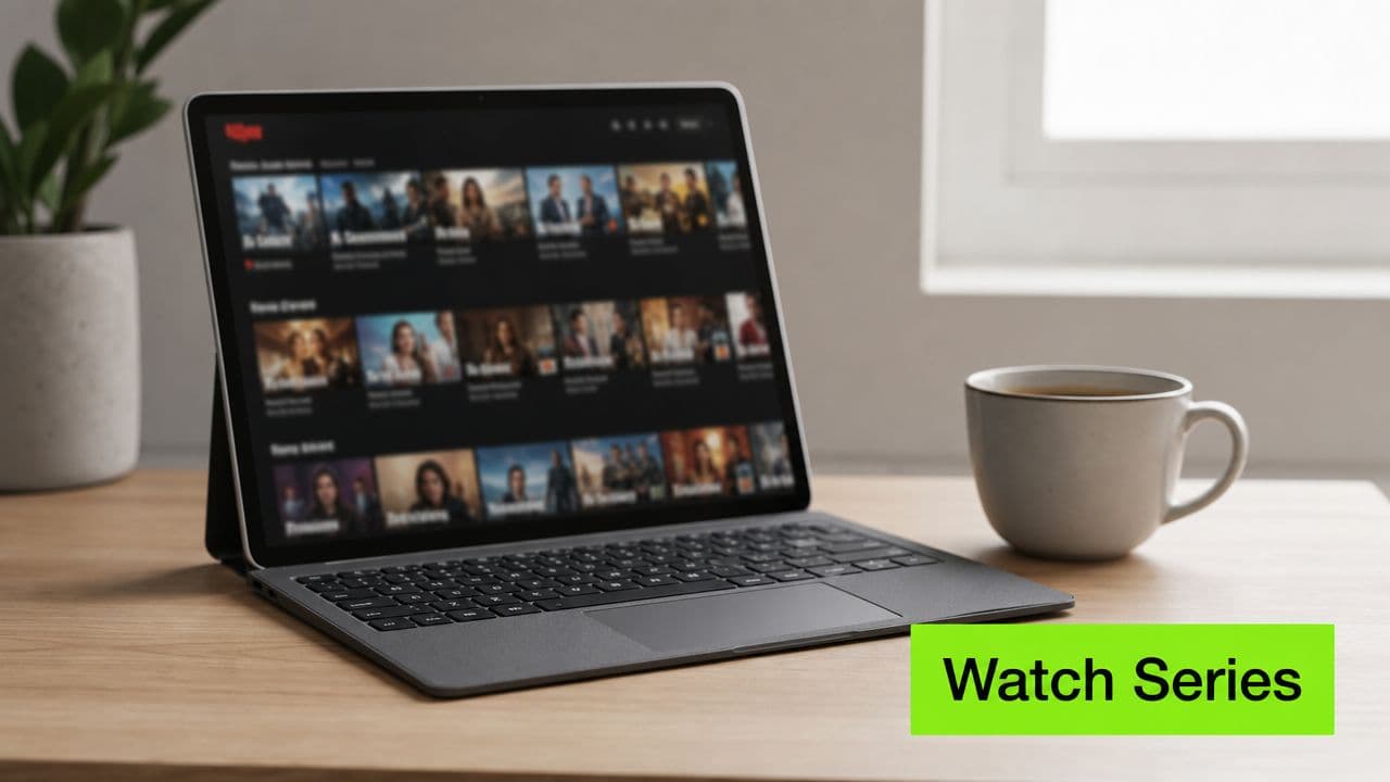 A modern laptop displaying a video streaming platform on a desk next to a coffee cup.