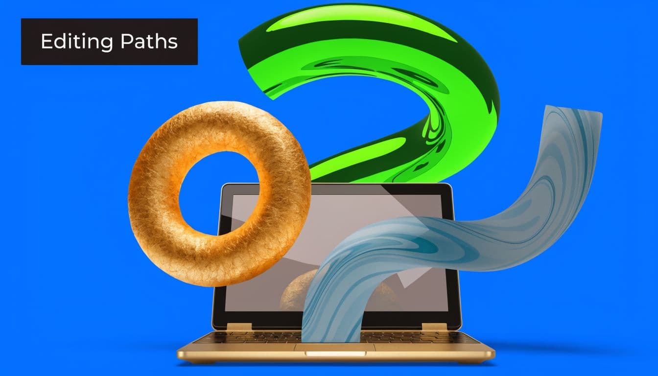 Abstract 3D shapes emerging from a golden laptop screen against a bright blue background.