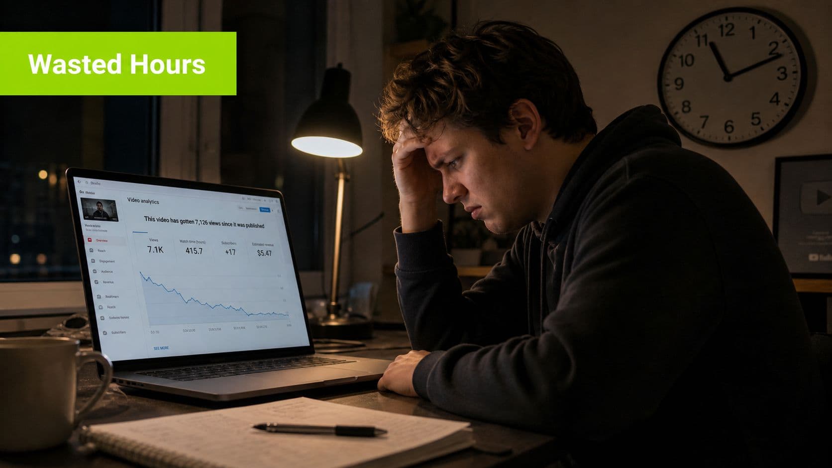 A frustrated content creator looking stressed at a laptop displaying declining YouTube video analytics late at night.